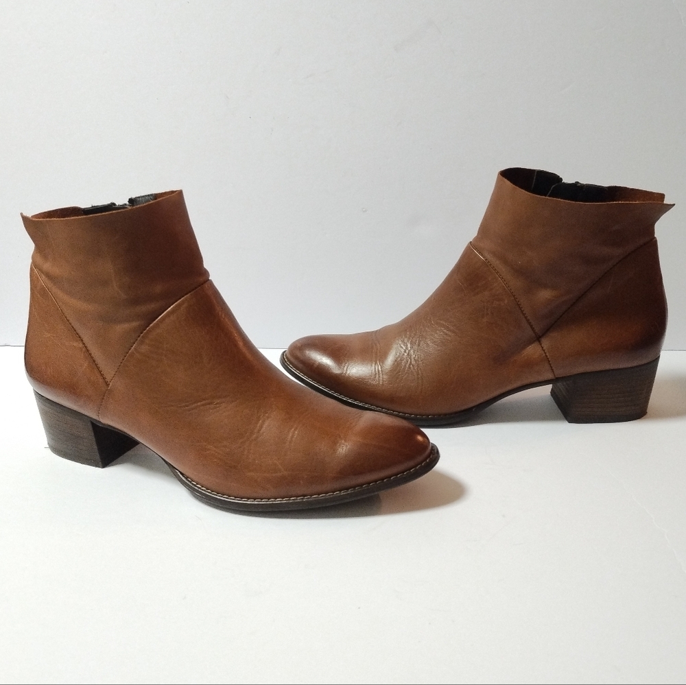Paul Green Nelly Block Heel Booties Cognac Brown Leather Size 7.5